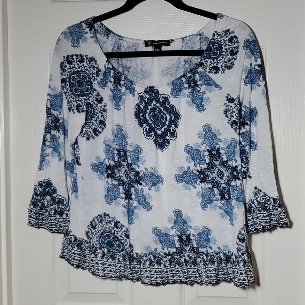 INC Blue & White Patterned Blouse